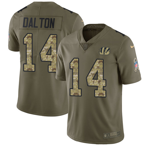 Nike Bengals #14 Andy Dalton Olive/Camo Men's Stitched NFL Limited Salute To Service Jersey - Click Image to Close
